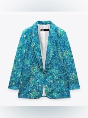 New Zara 70s Blue Yellow Floral Vintage Print Retro Satin Suit Blazer Size Large